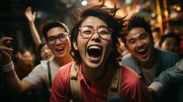 joven parejas disfrutando un karaoke sesión a hogar. generativo ai foto