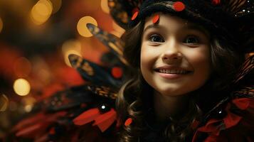 Ladybug's Beaming Smile - Adorable Girl In Ladybug Costume Amidst Autumn Leaves. Generative AI photo