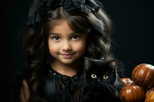 Smiling Girl in Costume with her Cat for Halloween. Generative AI photo