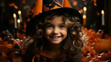 calabaza princesa - Encantado niña en festivo atuendo con papel murciélago. generativo ai foto