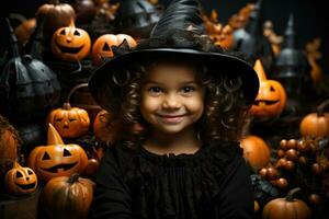 Little Witch - Gleeful Girl In Halloween Attire Posing In Studio Setup. Generative AI photo