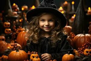 Little Witch - Gleeful Girl In Halloween Attire Posing In Studio Setup. Generative AI photo