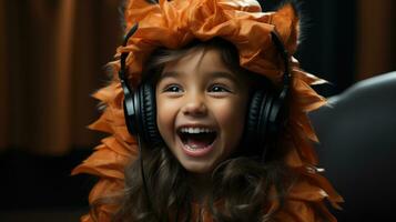 calabaza princesa - Encantado niña en festivo atuendo con papel murciélago. generativo ai foto
