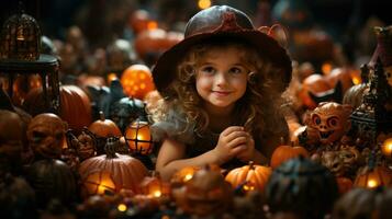 Fairy Amidst Pumpkins - Girl In Fairy Costume Inspecting Jack-O-Lantern. Generative AI photo