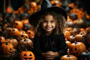 Little Witch - Gleeful Girl In Halloween Attire Posing In Studio Setup. Generative AI photo