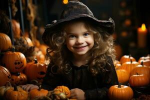 Little Witch - Gleeful Girl In Halloween Attire Posing In Studio Setup. Generative AI photo