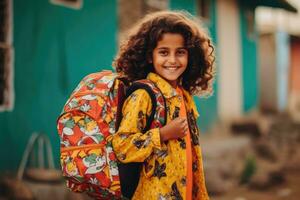A vibrantly colored, photo of a young student girl with a beaming smile, holding up her new, brightly - patterned backpack. Generative AI