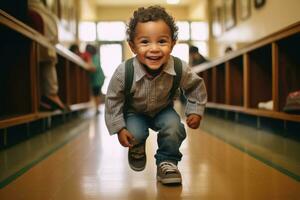 An up - close, candid shot of a toddler, ready for his first day at kindergarten. Generative AI photo