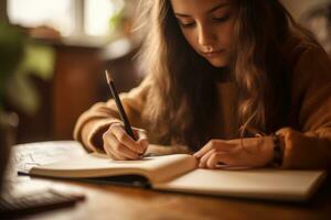 Close-up shot of a girl writing on her brand new notebook. Generative AI photo