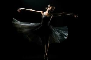 A dramatic and moody low key image of a ballerina in motion. Generative AI photo