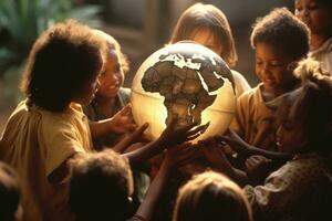 un dinámica y atmosférico ajuste presentando un grupo de niños acurrucado alrededor un globo. generativo ai foto