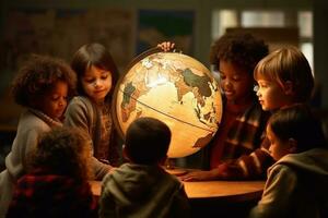 un dinámica y atmosférico ajuste presentando un grupo de niños acurrucado alrededor un globo. generativo ai foto