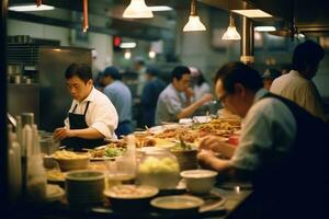 Soft-focus photo of the bustle of chefs in a restaurant kitchen. Generative AI