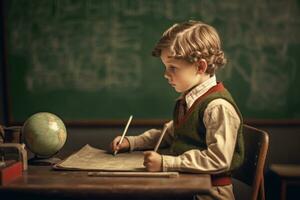 A cute photo of a young boy sitting in front of the chalkboard and writing in a notebook. Generative AI