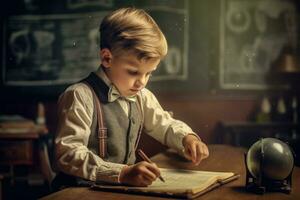 un linda foto de un joven chico sentado en frente de el pizarra y escritura en un cuaderno. generativo ai