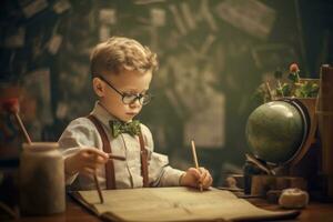 un linda foto de un joven chico sentado en frente de el pizarra y escritura en un cuaderno. generativo ai