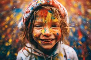 Dynamic and heartwarming close-up shot of a little girl with freckles, eyes sparkling with curiosity and splashes of colorful paint on her face. Generative AI photo