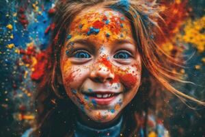 Dynamic and heartwarming close-up shot of a little girl with freckles, eyes sparkling with curiosity and splashes of colorful paint on her face. Generative AI photo