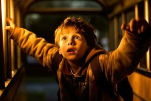 A low angle shot of a boy eagerly climbing onto a school bus. Generative AI photo