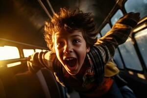 A low angle shot of a boy eagerly climbing onto a school bus. Generative AI photo