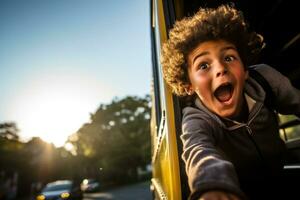 A low angle shot of a boy eagerly climbing onto a school bus. Generative AI photo