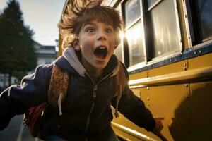 A low angle shot of a boy eagerly climbing onto a school bus. Generative AI photo
