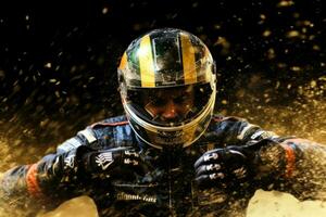 An enthusiastic race car driver celebrates his win with a splendid spray of champagne. Generative AI photo