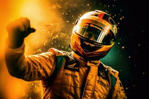 An enthusiastic race car driver celebrates his win with a splendid spray of champagne. Generative AI photo