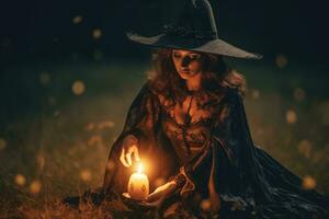 Halloween - themed photo, the mystique of a witch under the moonlight. Generative AI photo