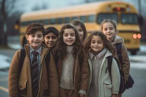 A group of children waiting at a school bus stop. Generative AI photo