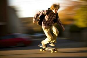 An environmental full body shot of a teenage boy on a skateboard, racing off to school. Generative AI photo