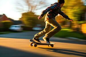 An environmental full body shot of a teenage boy on a skateboard, racing off to school. Generative AI photo