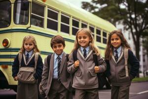 un grupo de niños esperando a un colegio autobús detener. generativo ai foto