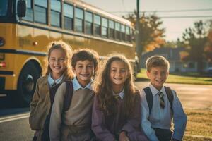 un grupo de niños esperando a un colegio autobús detener. generativo ai foto