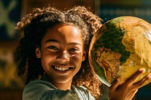 Cheerful headshot photo of a young girl with freckles and two braids holding a globe. Generative AI