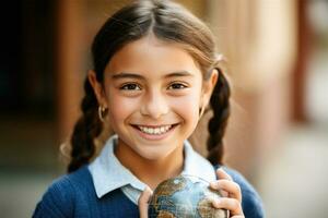Cheerful headshot photo of a young girl with freckles and two braids holding a globe. Generative AI