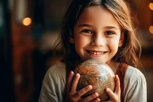 alegre disparo a la cabeza foto de un joven niña con pecas y dos trenzas participación un globo. generativo ai