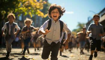 Photo of a schoolyard full of children and a little boy running around during recess. Generative AI