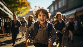 foto de un patio lleno de niños y un pequeño chico corriendo alrededor durante receso. generativo ai