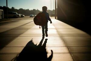 A young boy whose shadow morphs into a silhouette. Generative AI photo