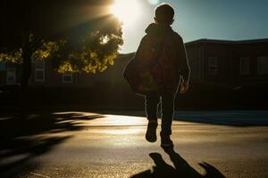 A young boy whose shadow morphs into a silhouette. Generative AI photo