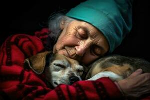 An elderly woman tenderly holding a sleeping puppy. Generative AI photo