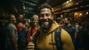 Supportive Friends - A Heartwarming Image Of An Obese Individual Laughing With Friends After A Workout Session. Generative AI photo
