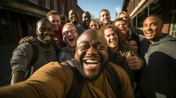 apoyo amigos - un reconfortante imagen de un obeso individual riendo con amigos después un rutina de ejercicio sesión. generativo ai foto