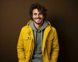 A male model in a vibrant yellow studio backdrop. Generative AI photo