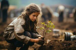 New Life - Young Girl Planting Tree. Generative AI photo