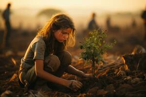 nuevo vida - joven niña plantando árbol. generativo ai foto