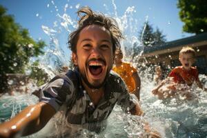 Labor Day Splash - Children Enjoying Pool Time during Family Gathering. Generative AI photo