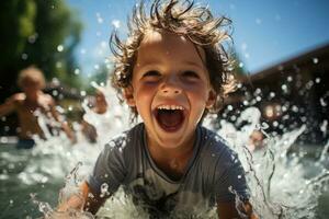 Labor Day Splash - Children Enjoying Pool Time during Family Gathering. Generative AI photo
