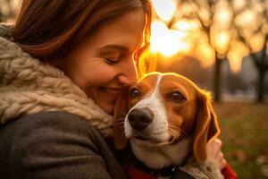 A woman hugging her beagle in the park. Generative AI photo